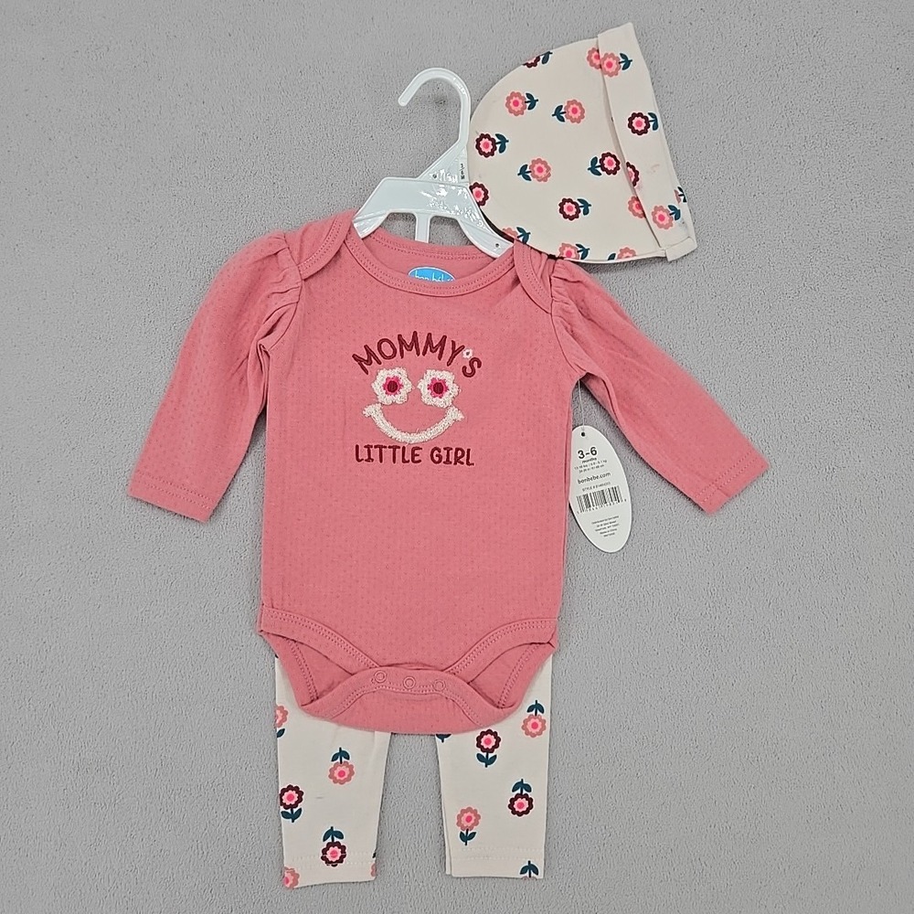 BON BÉBÉ Girls 3-Piece Outfit Set Mommy's Little Girl Pink Floral 3–6M NWT